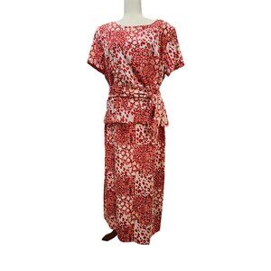Sag Harbor Missy Red Printed Midi Belted Dress Vintage Style‎ Size 16